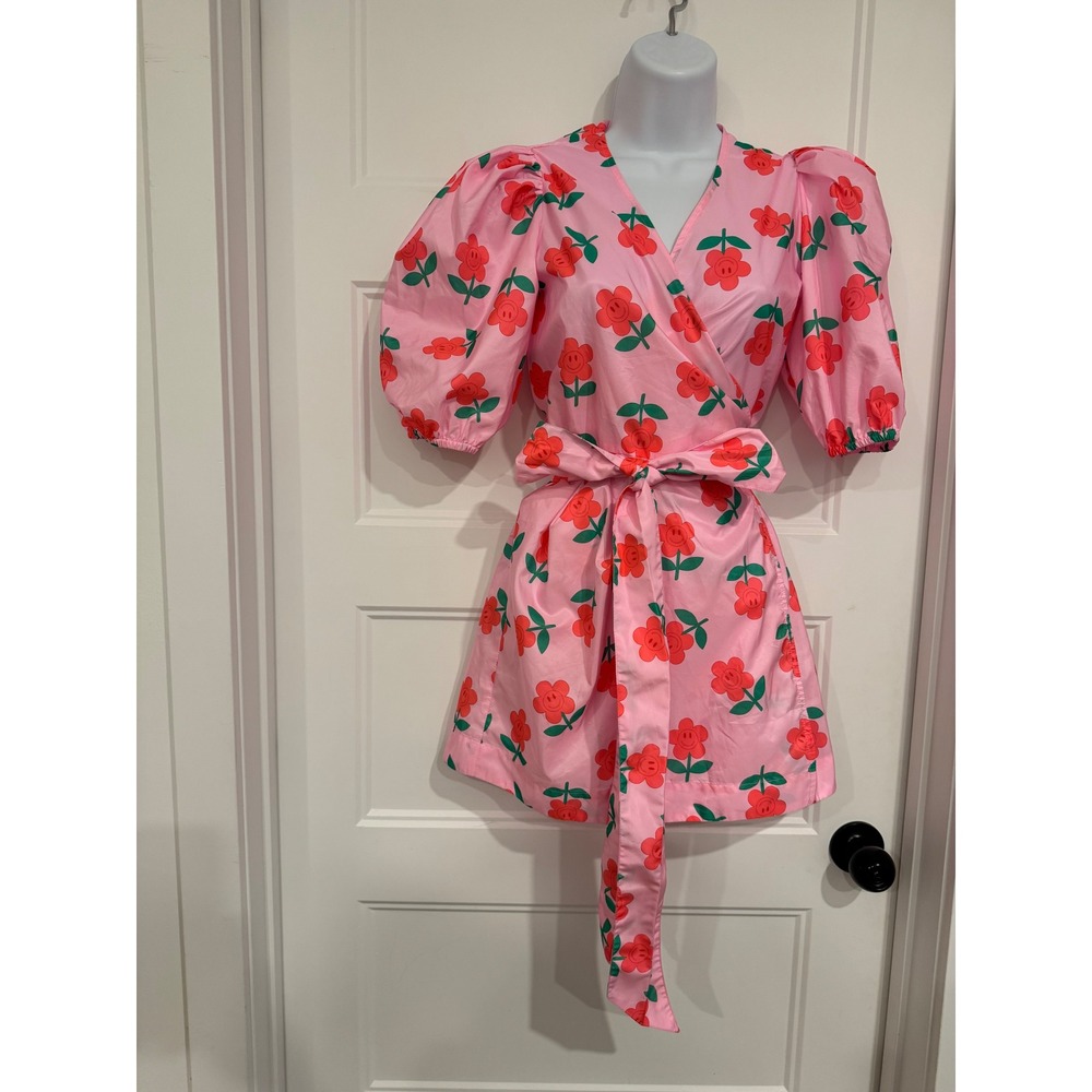 Caroline Bosmans Girls Pink Red Smiley Flower Wrap Dress Puff Sleeve Size 12